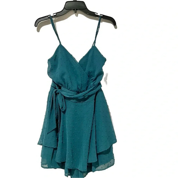 NWT Allison & Kelly Waist Tie Ruffle Hem Romper Size XL Teal Spaghetti Straps - Picture 3 of 12